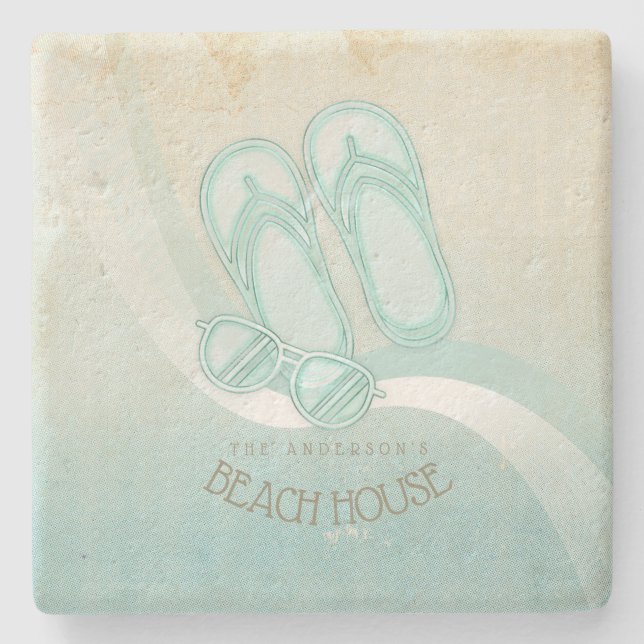 Dessous-de-verre En Pierre Lunettes de soleil et tongs Beach House Aqua ID623 (Devant)
