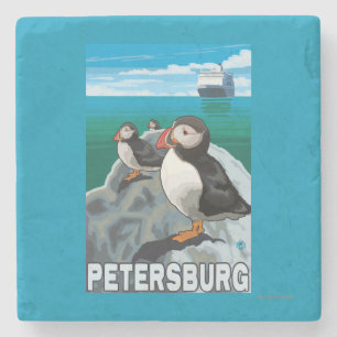 Dessous-de-verre En Pierre Macareux et bateau de croisière - Pétersbourg,