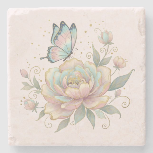 Dessous-de-verre En Pierre Magical Rose and Butterfly Pastel Colors (Devant)