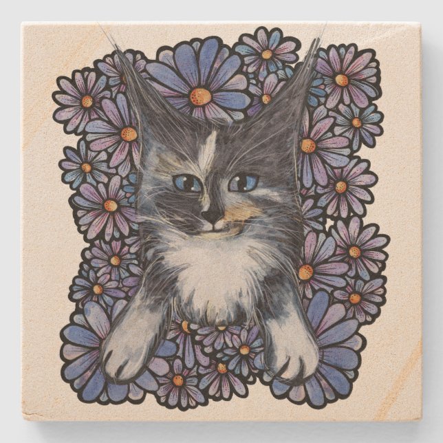 Dessous-de-verre En Pierre Maine Coon Dilute Calico Cat Purple Daisy (Devant)