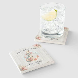 Dessous-de-verre En Pierre Maison de plage côtière nautique   Ancre rustique