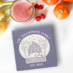 Dessous-de-verre En Pierre Maison de plage Nom de famille Ancre Bleu nautique