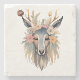 Dessous-de-verre En Pierre Majesté des fleurs : Cerf aux fleurs et aux plumes