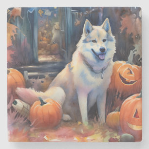 Dessous-de-verre En Pierre Malamute d'Halloween en Alaska avec la peur Citrou