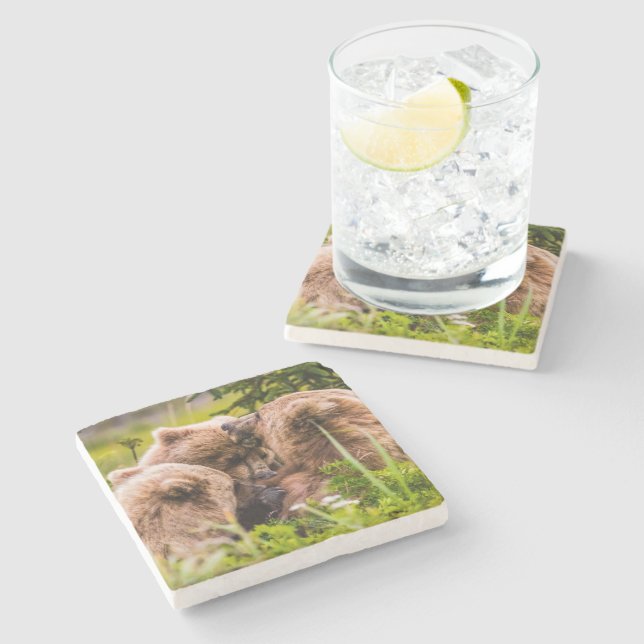 Dessous-de-verre En Pierre Mama bear nourrit ses deux petits, Lake Clark Nati (Côté)
