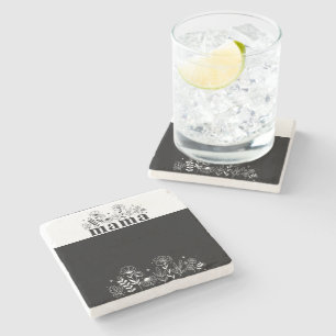 Dessous-de-verre En Pierre Maman Fleur Sauvage Noir & Blanc Minimaliste
