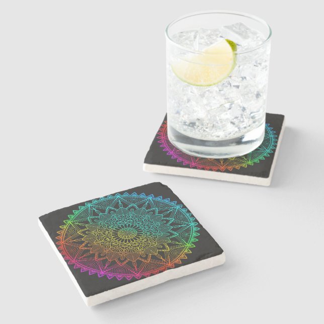 Dessous-de-verre En Pierre Mandala Arc-en-ciel noir (Côté)