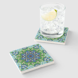 Dessous-de-verre En Pierre Mandala Mosaïque géométrique Vert Bleu Rétro Hippi