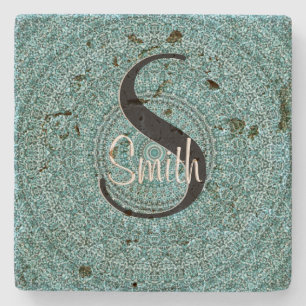 Dessous-de-verre En Pierre Mandela couleur turquoise HAMbyWG avec monogramme
