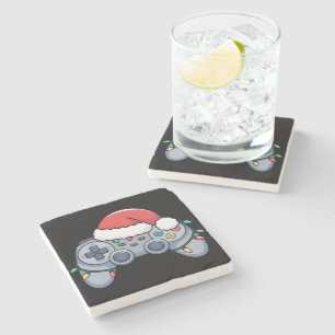 Dessous-de-verre En Pierre Manette de jeu vidéo chapeau de Noël Santa Gamer