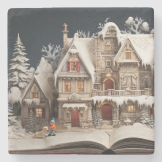 Dessous-de-verre En Pierre Manoir du livre de Noël avec enfant et chien