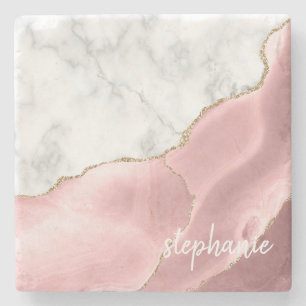 Dessous-de-verre En Pierre Marbre Blanc Agate Rose Pâle Signature Or