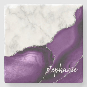 Dessous-de-verre En Pierre Marbre blanc de signature d'agate violet Argent