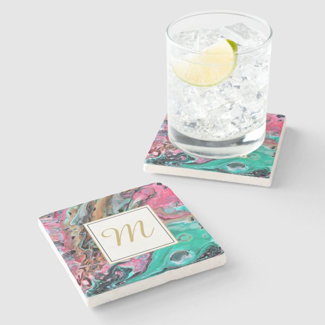 Dessous-de-verre En Pierre Marbre rose et vert monogramme (Côté)