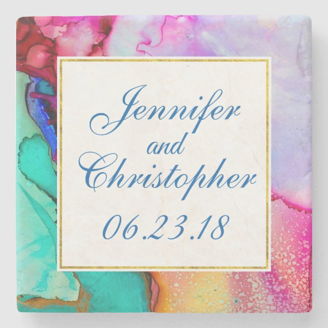 Dessous-de-verre En Pierre Marbre rose violet vert Abstrait Aquarelle (Devant)