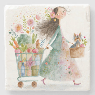 Dessous-de-verre En Pierre Marché Fantaisiste Fille Aquarelle Cottagecore
