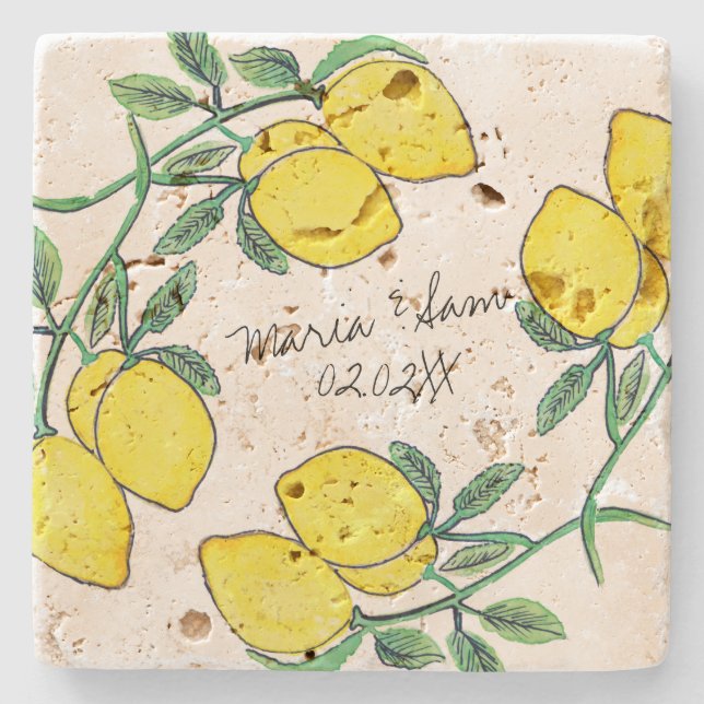 Dessous-de-verre En Pierre Mariage à l'aquarelle Citron Script  (Devant)