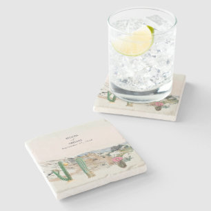 Dessous-de-verre En Pierre Mariage bohème au cactus du désert à l'aquarelle