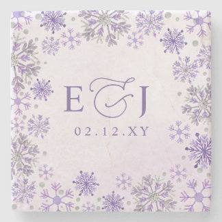 Dessous-de-verre En Pierre Mariage d'hiver flocons de neige violet argent Mon