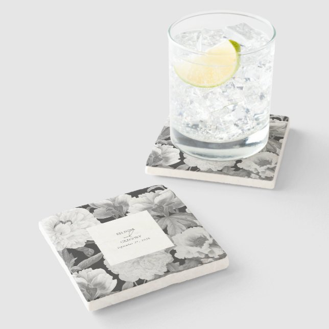 Dessous-de-verre En Pierre Mariage floral noir et blanc Peonies d'aquarelle (Côté)