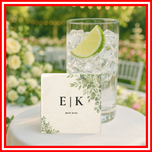 Dessous-de-verre En Pierre Mariage Monogramme de Feuilles de Vert Sauge