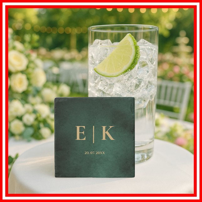 Dessous-de-verre En Pierre Mariage Monogramme Vert Émeraude & Or (Créateur téléchargé)
