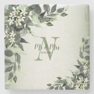 Dessous-de-verre En Pierre Mariage Monogramme Vert Floral Feuilles