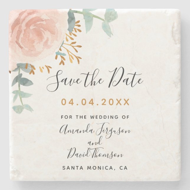 Dessous-de-verre En Pierre Mariage rose or fleuri eucalyptus Enregistrer la d (Devant)