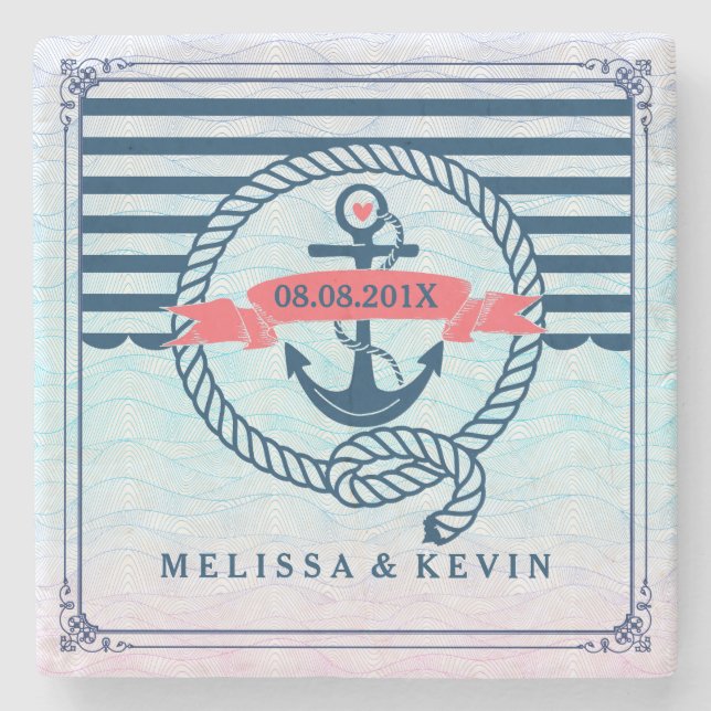 Dessous-de-verre En Pierre Marine Bleu Ancre de bateau nautique avec noeud (Devant)