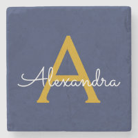 Marine Blue Gold Modern Script Girl Monogramme Nom