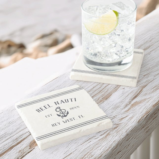 Dessous-de-verre En Pierre Marine Blue Nautical Rustic Ancre Nom du bateau (Créateur téléchargé)