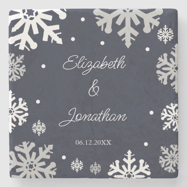 Dessous-de-verre En Pierre Marine Blue Snowflakes Mariage d'hiver (Devant)