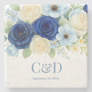 Dessous-de-verre En Pierre Marine Royal Bue Mariage Aquarelle couleur ivoire