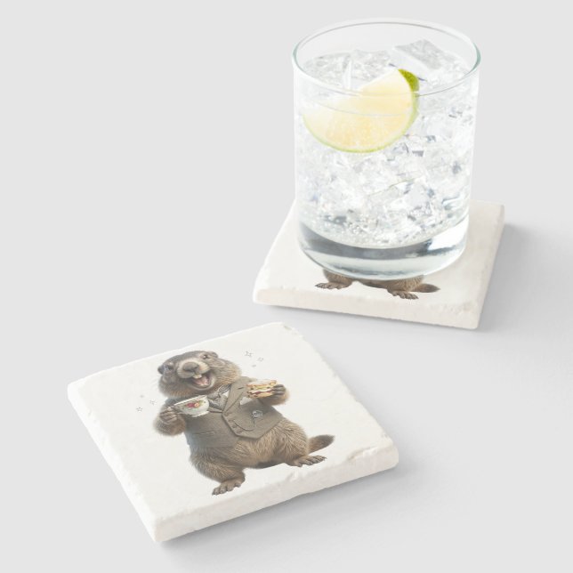 Dessous-de-verre En Pierre Marmotte buvant du thé (Côté)