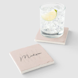 Dessous-de-verre En Pierre Marque Moderne Monogramme Nom Écriture Rose Pâle