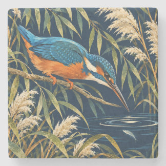 Dessous-de-verre En Pierre Martin-pêcheur & Roseau Bleu Orange Oiseau de pêch