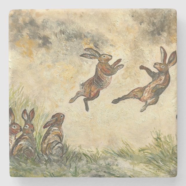 Dessous-de-verre En Pierre Meadow Matchup Playful Hares in a Meadow  (Devant)