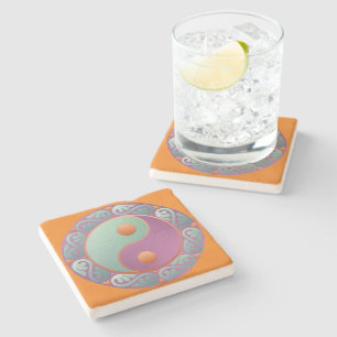 Dessous-de-verre En Pierre Médaillon Yin Yang Violet Turquoise