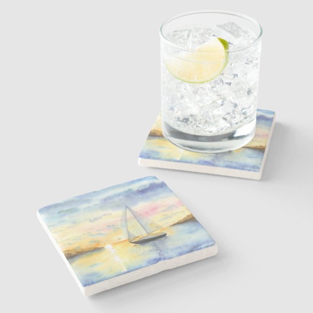 Dessous-de-verre En Pierre Mer au coucher du soleil (Côté)