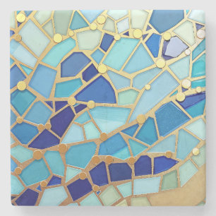 Dessous-de-verre En Pierre Mer d'ondes Mosaïque Bleue et Or Beaux-Arts