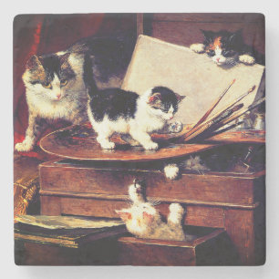 Dessous-de-verre En Pierre Mère Chat et chatons sur table