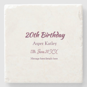 Dessous-de-verre En Pierre Message simple nom date rose violet pour 20e anniv