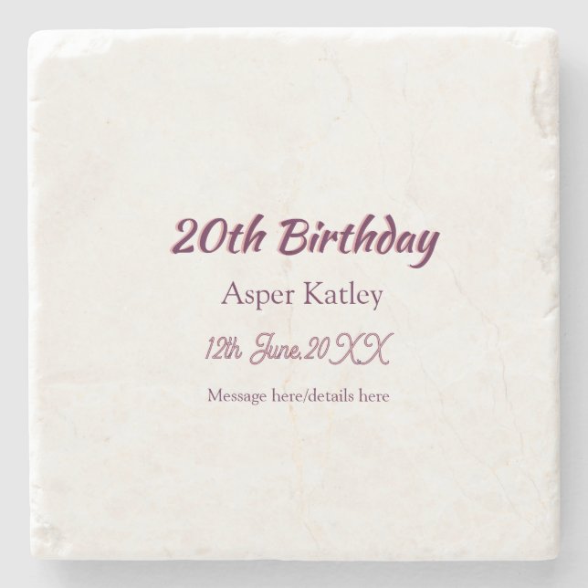 Dessous-de-verre En Pierre Message simple nom date rose violet pour 20e anniv (Devant)