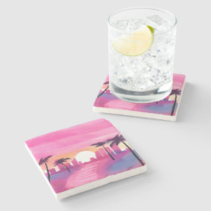 Dessous-de-verre En Pierre Miami en Rose Peinture Aquarelle Brillante