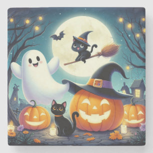 Dessous-de-verre En Pierre Mignonne, citrouille d'Halloween, chat & fantôme