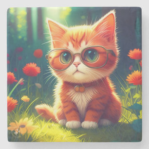 Dessous-de-verre En Pierre Mignonne Red Kitten Portant des lunettes-365478