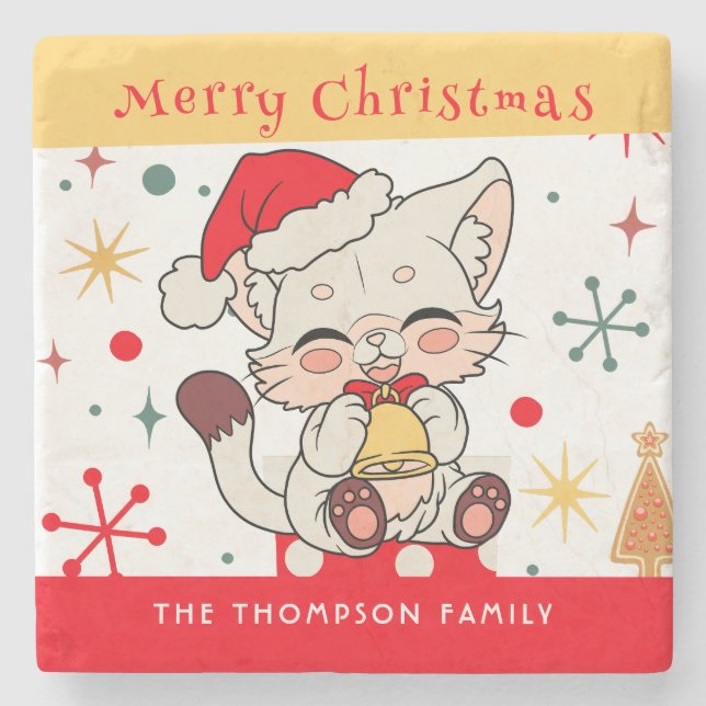 Dessous-de-verre En Pierre Mignonne Rouge Vert Monogramme Noël Père Noël Chat (Devant)