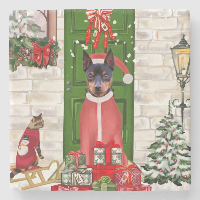 Dessous-de-verre En Pierre Miniature Pinscher Chien Noël (Devant)