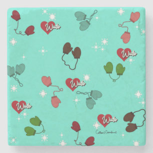 Dessous-de-verre En Pierre Mittens d'amour d'hiver et motif de flocon de neig