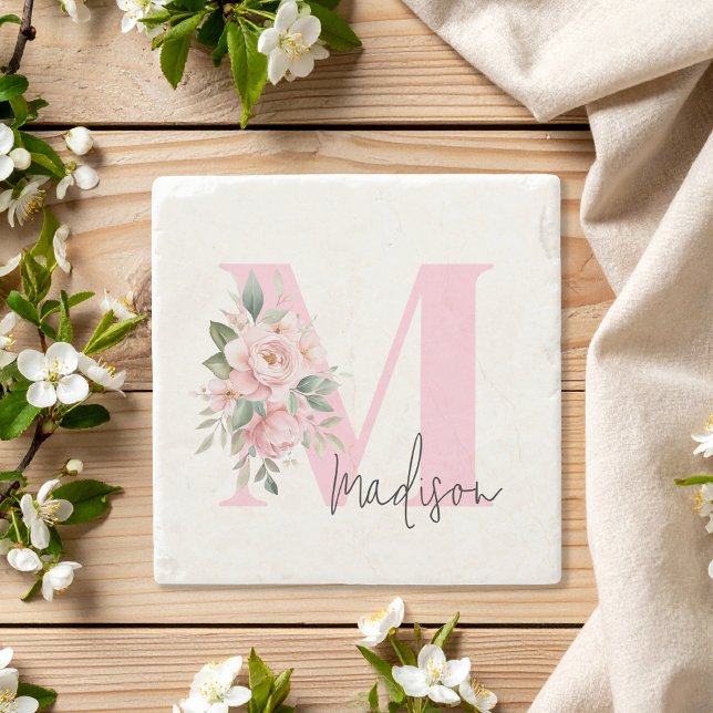 Dessous-de-verre En Pierre Moderne Élégant rose Floral Nom initial Monogramme (Créateur téléchargé)